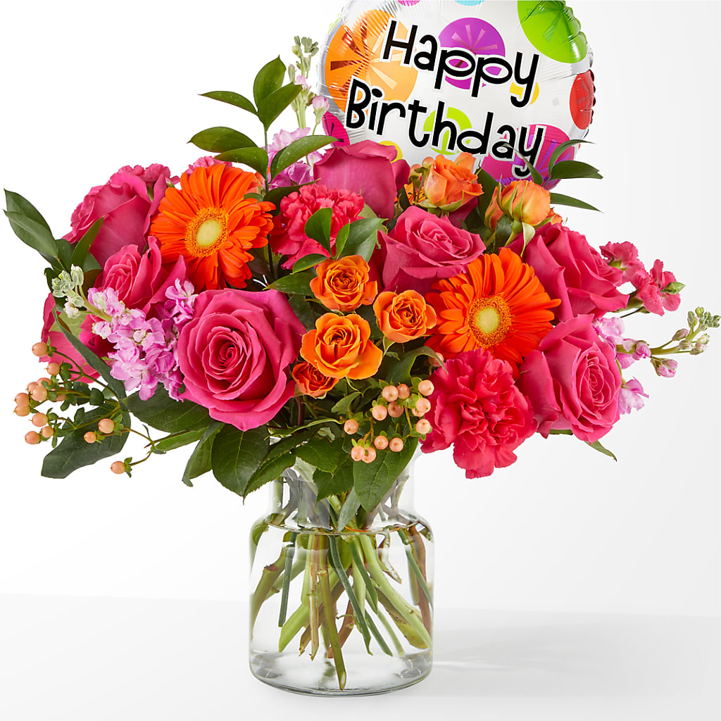 Fiesta Bouquet with Birthday Balloon – GEORGE'S FLOWERS, Los Angeles CA