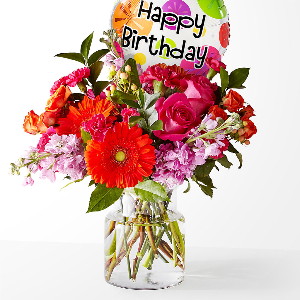Fiesta Bouquet with Birthday Balloon – GEORGE'S FLOWERS, Los Angeles CA
