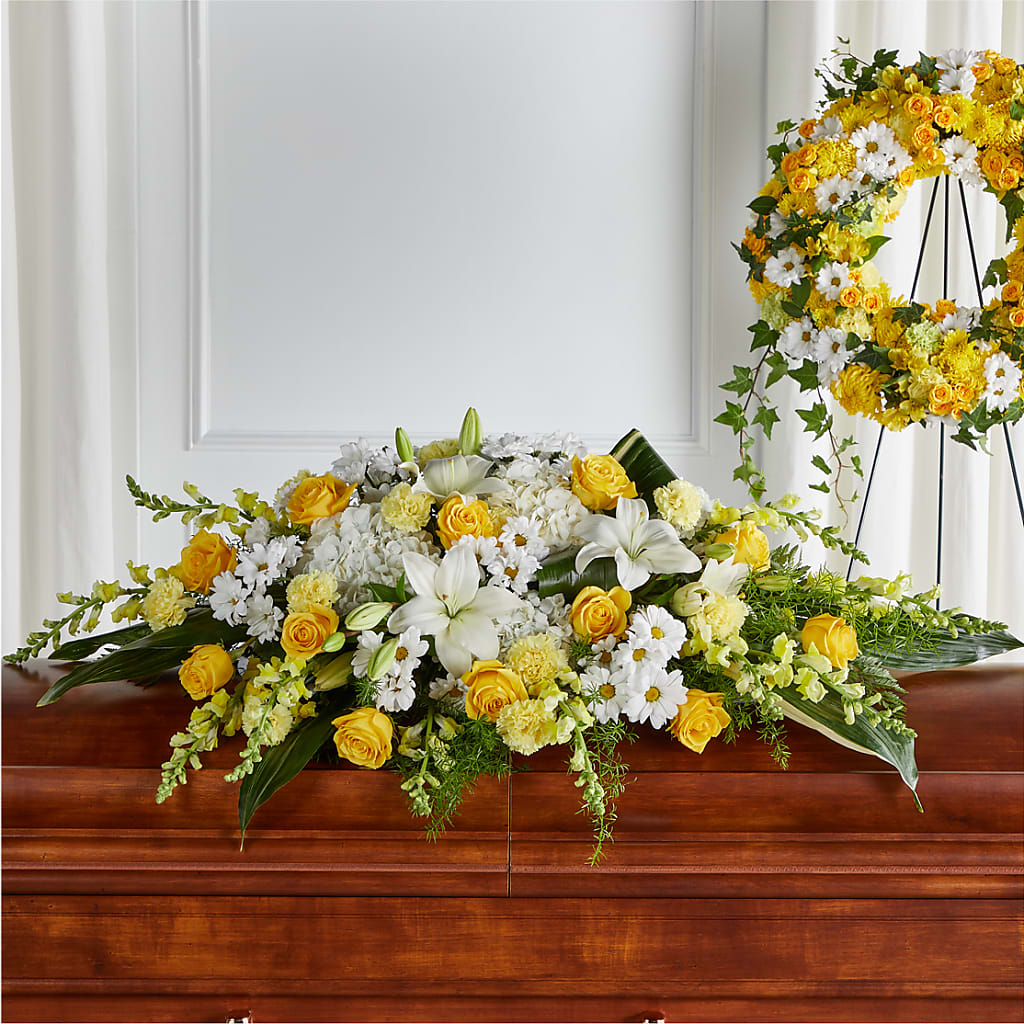Golden Harmony Casket Spray – GEORGE'S FLOWERS, Los Angeles CA