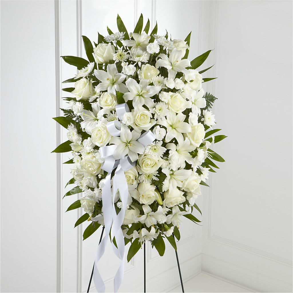 Exquisite Tribute Standing Spray-White Ribbon – GEORGE'S FLOWERS, Los Angeles CA