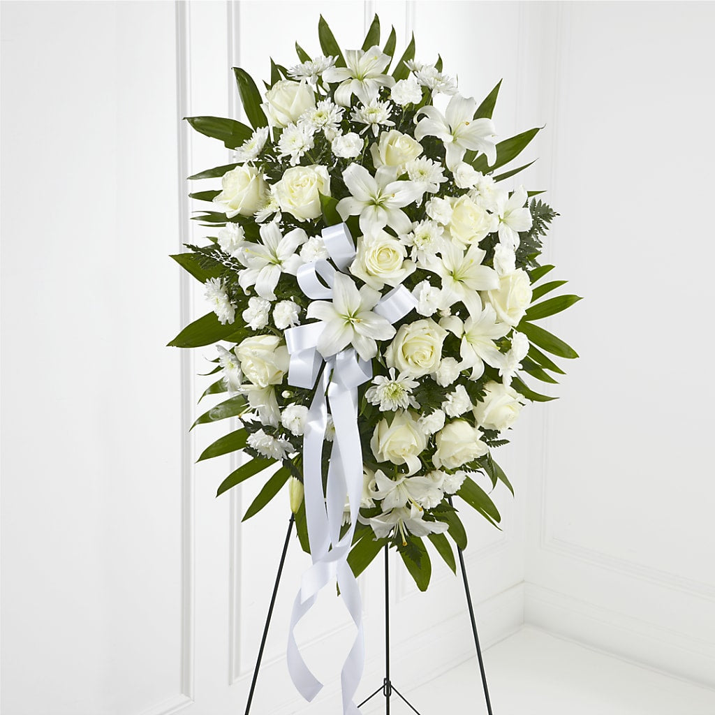 Exquisite Tribute Standing Spray-White Ribbon – GEORGE'S FLOWERS, Los Angeles CA
